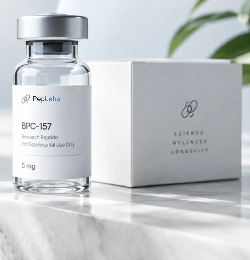 PepLabs BPC-157 research peptide vial and packaging on white marble